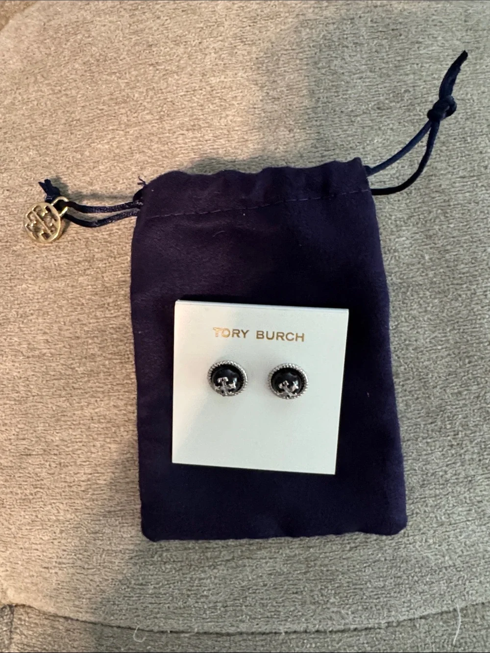 Tory Burch Black and Silver Round Logo Stud Earrings